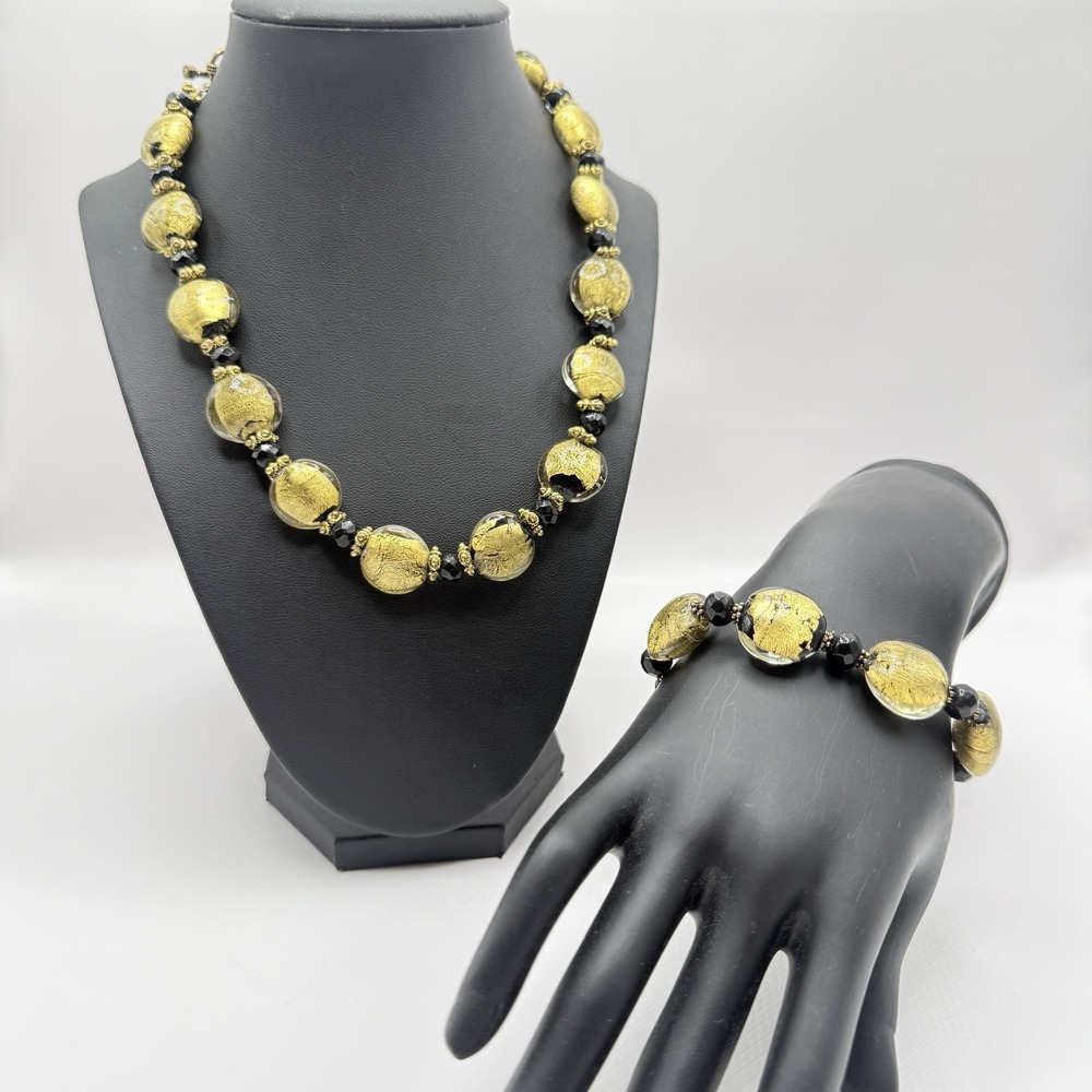 Vintage Faceted Black & Gold Foil Art Glass Bead Necklace & Bracelet Set